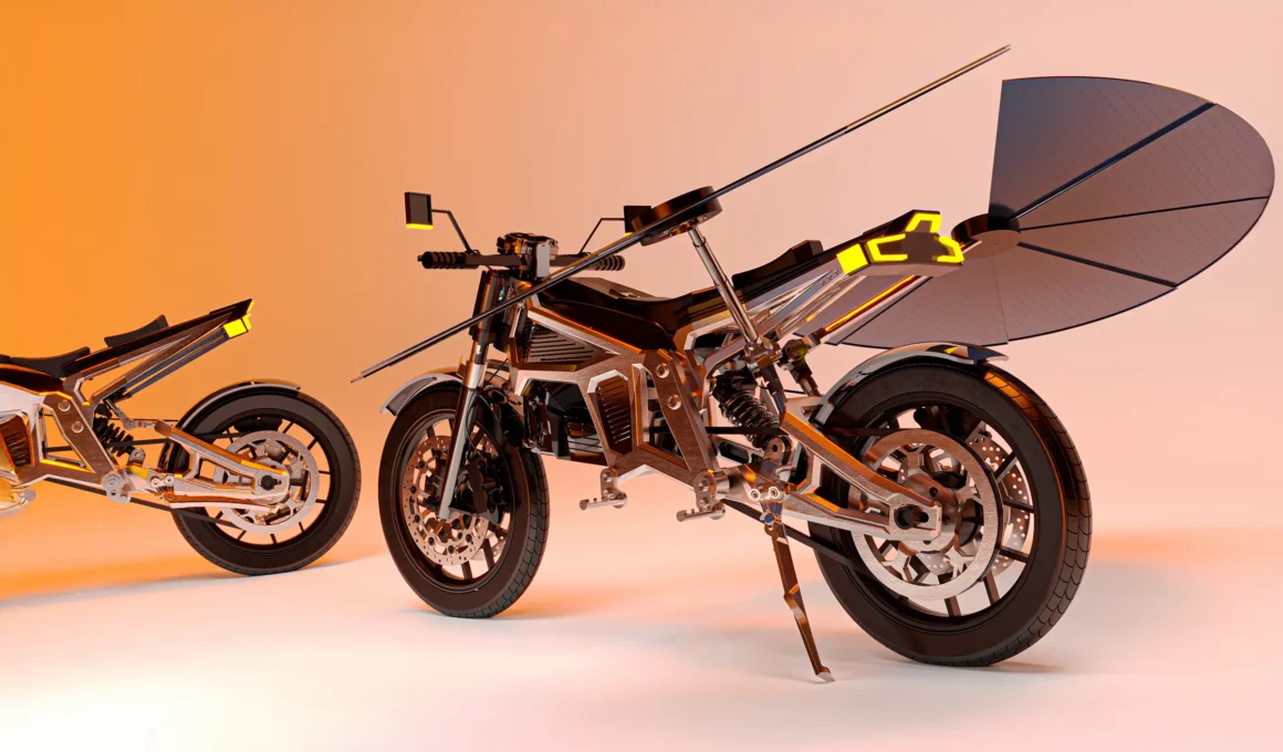 SOLARIS self-charging solar motorcycle by MASK Architects with deployed photovoltaic wing for maximum solar power and energetic independence.