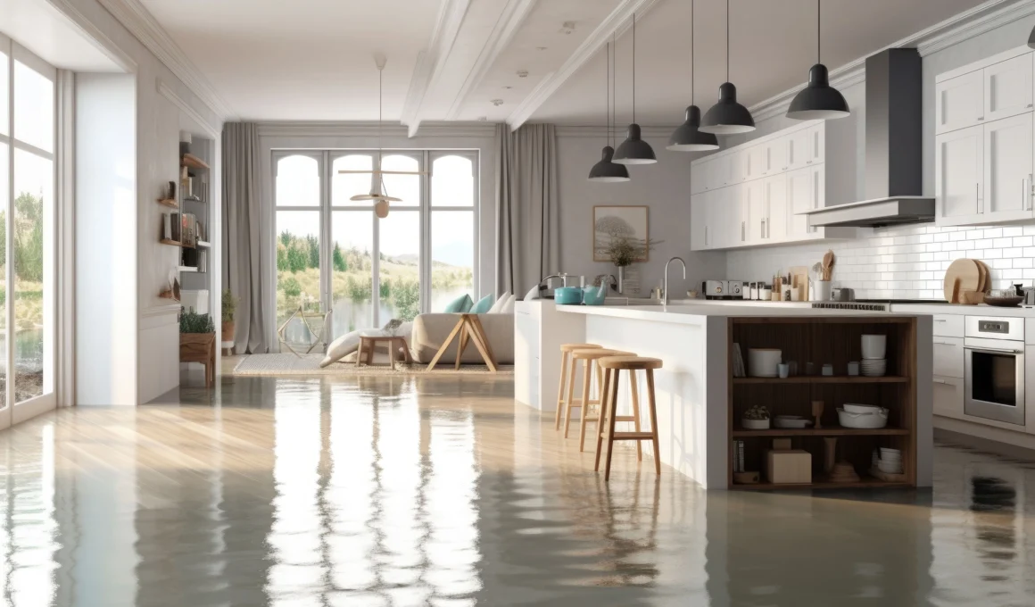 Water damage in a modern Sydney open-plan living area and kitchen after flooding.