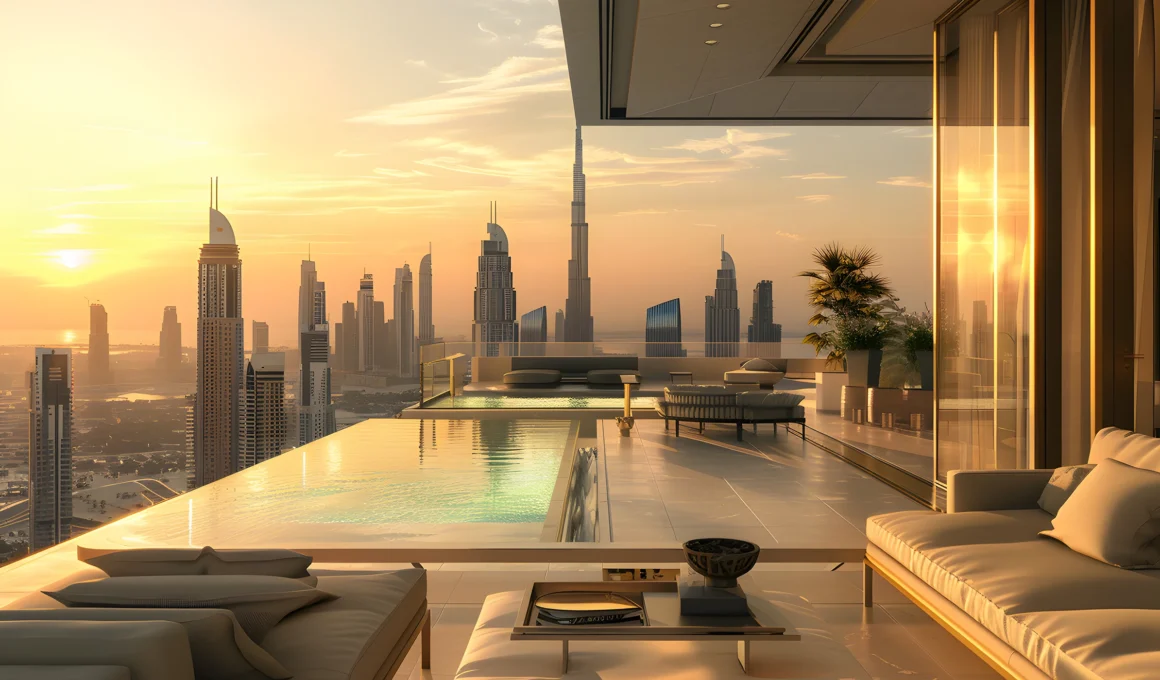 Dubai luxury apartment for sale 2030: rooftop infinity pool with iconic skyline view.