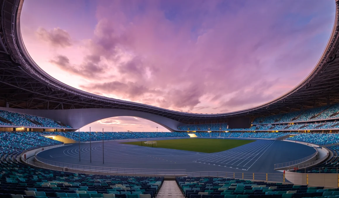 Zaha Hadid Guangzhou Stadium interior showing massive curved arch opening over 60,000-seat field