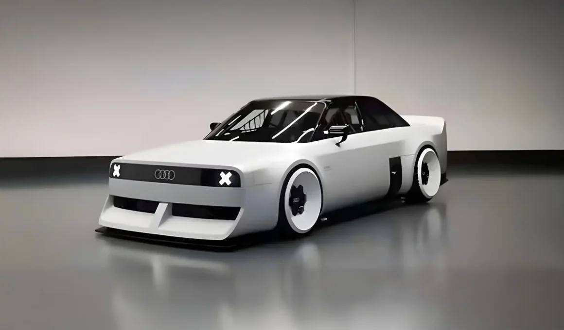 The Audi GT50 concept, a white retro-futuristic performance car with wide-body architecture, illuminated X-shaped headlights, and large turbofan wheels.