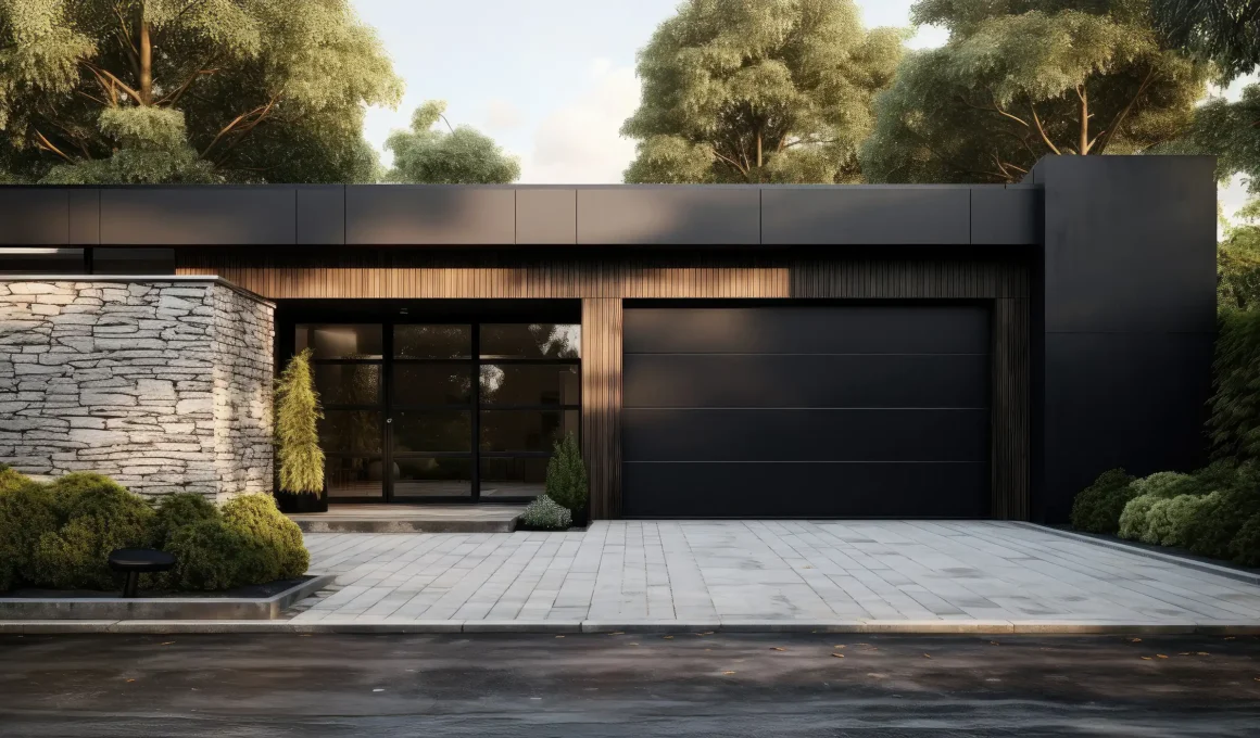Modern insulated black garage door installation on luxury home exterior with clean concrete driveway.