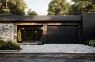 Modern insulated black garage door installation on luxury home exterior with clean concrete driveway.