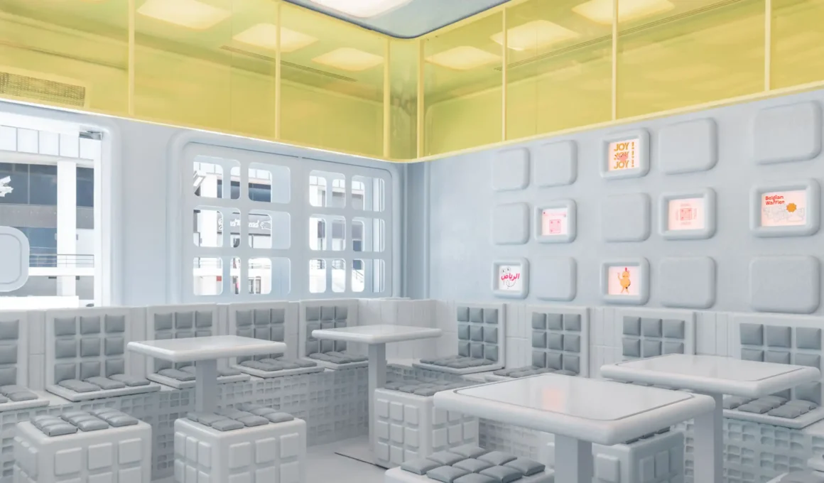 The interior of The Waffle in Riyadh, designed by Masquespacio, featuring a pop-design aesthetic with curved geometries, candy-colored pastel tones, and 3D-printed sculptural elements.