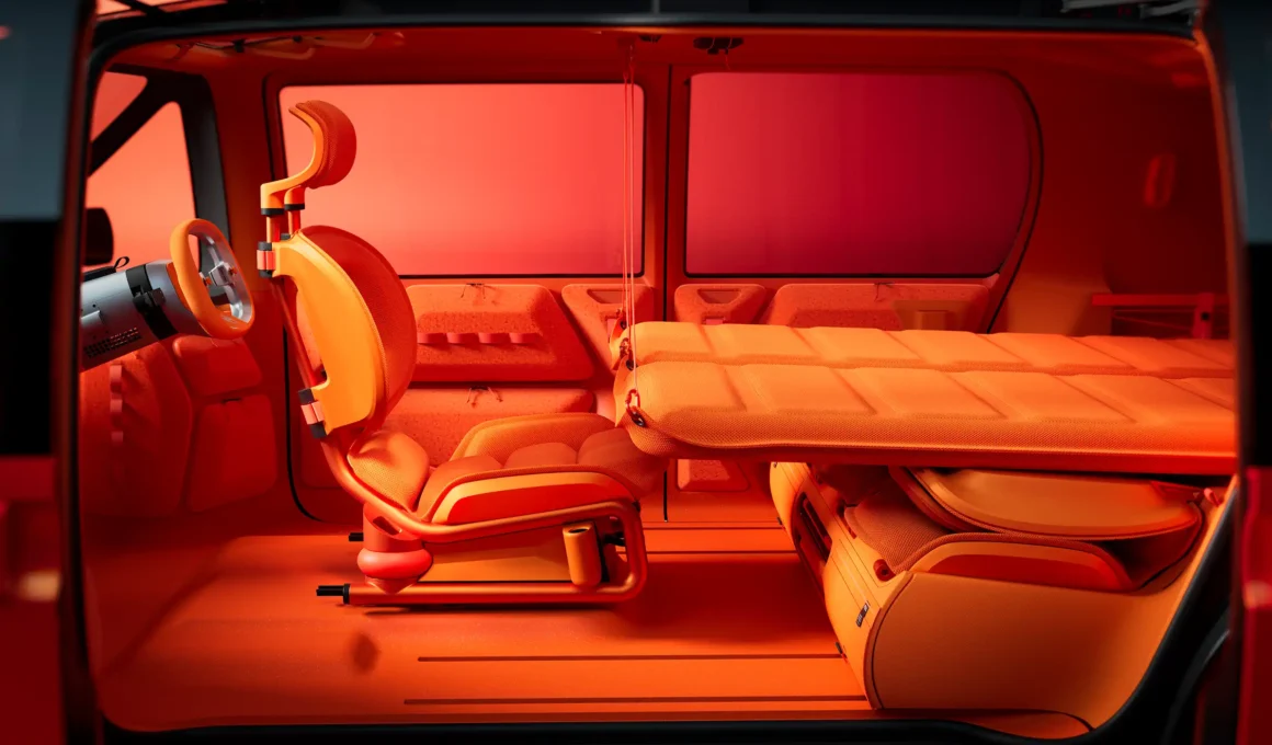 Citroën ELO Concept electric compact minivan in red-orange. Future of mobility, modular interior design.