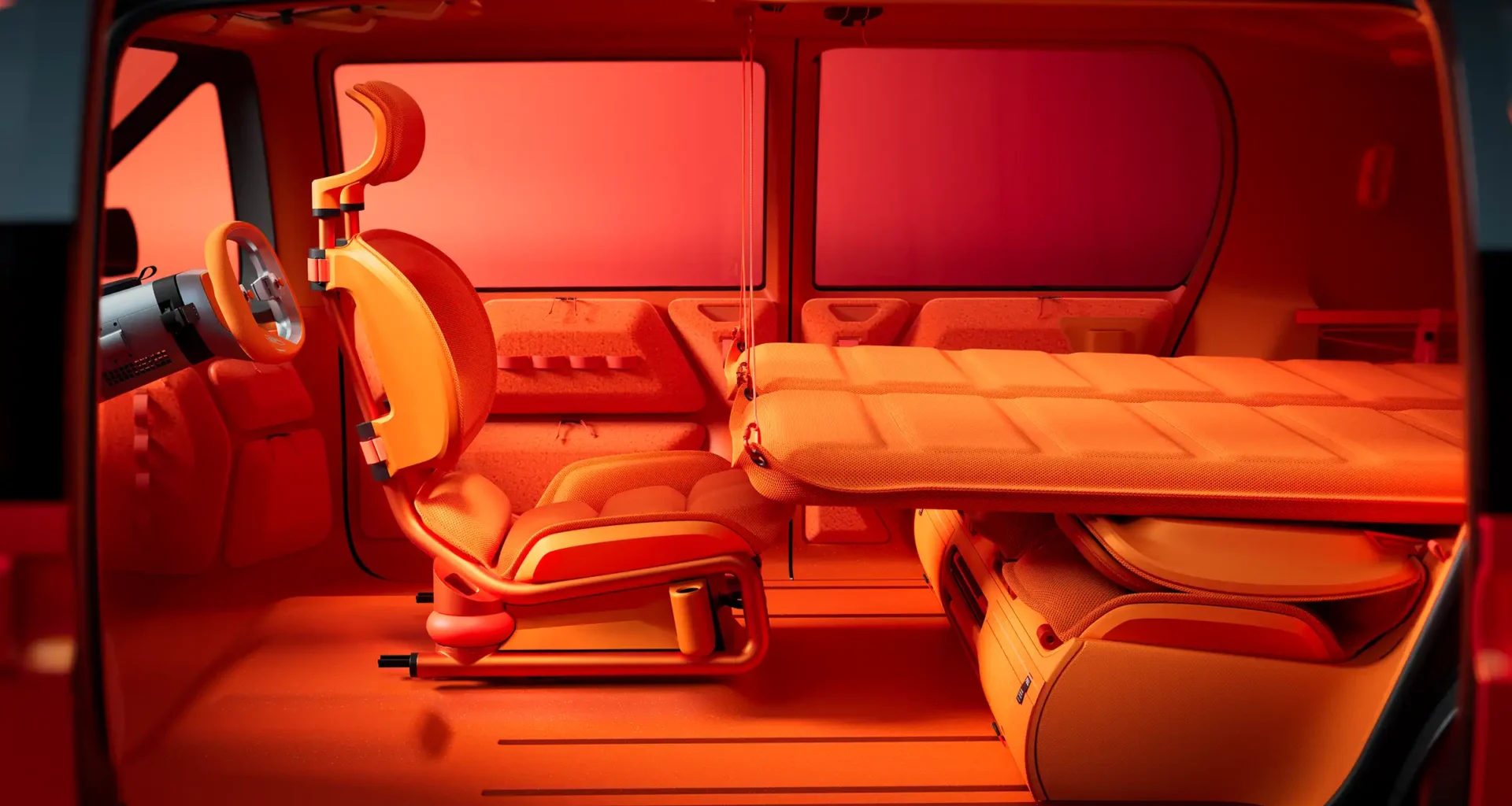Citroën ELO Concept electric compact minivan in red-orange. Future of mobility, modular interior design.