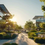 Modern commercial campus design with glass buildings, green landscaping, and people walking at sunset after successful UST removal and site redevelopment.