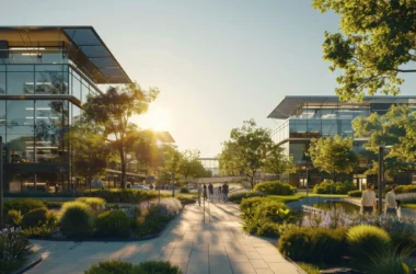 Modern commercial campus design with glass buildings, green landscaping, and people walking at sunset after successful UST removal and site redevelopment.