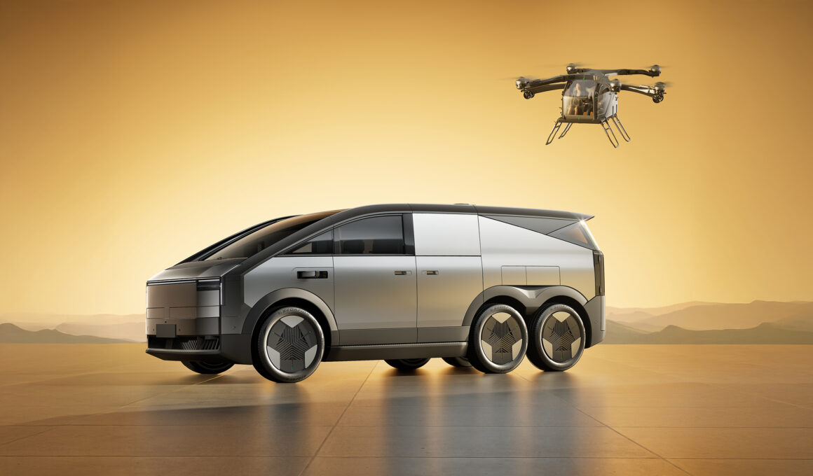 The XPEV Land Aircraft Carrier modular transport system, featuring a futuristic 6-wheeled terrestrial vehicle and an integrated electric vertical take-off and landing (eVTOL) flight module, a 2025 DIA Gold Award winner.