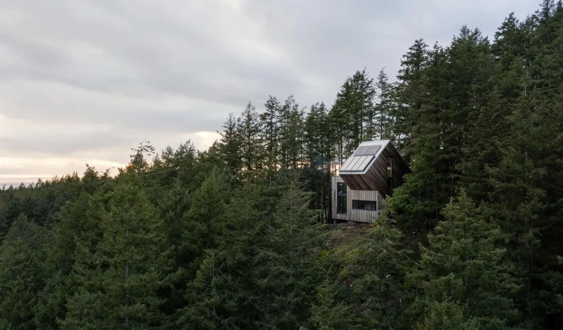 Geometric prefab off-grid retreat The Nest clad in Western red cedar nestled in Pacific Northwest forest on Keats Island BC.