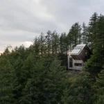 Geometric prefab off-grid retreat The Nest clad in Western red cedar nestled in Pacific Northwest forest on Keats Island BC.