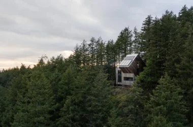 Geometric prefab off-grid retreat The Nest clad in Western red cedar nestled in Pacific Northwest forest on Keats Island BC.