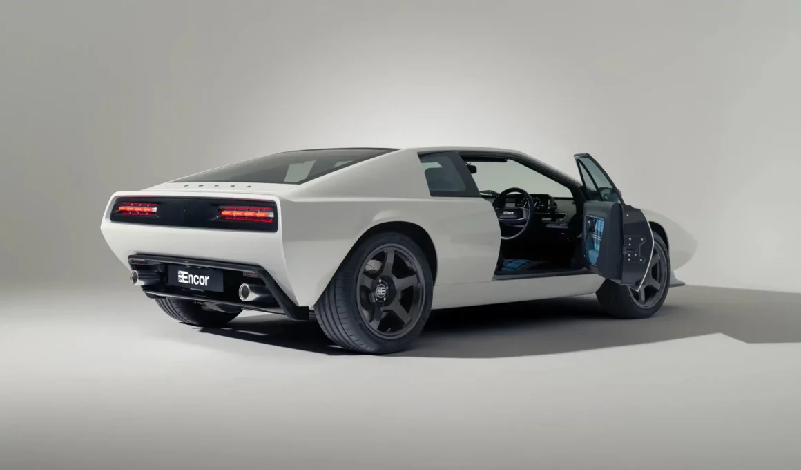 Encor Series 1 restomod, a 3/4 rear view showcasing the carbon fibre body, refined Giugiaro design, and powerful V8 engine rebuild of the classic Lotus Esprit.