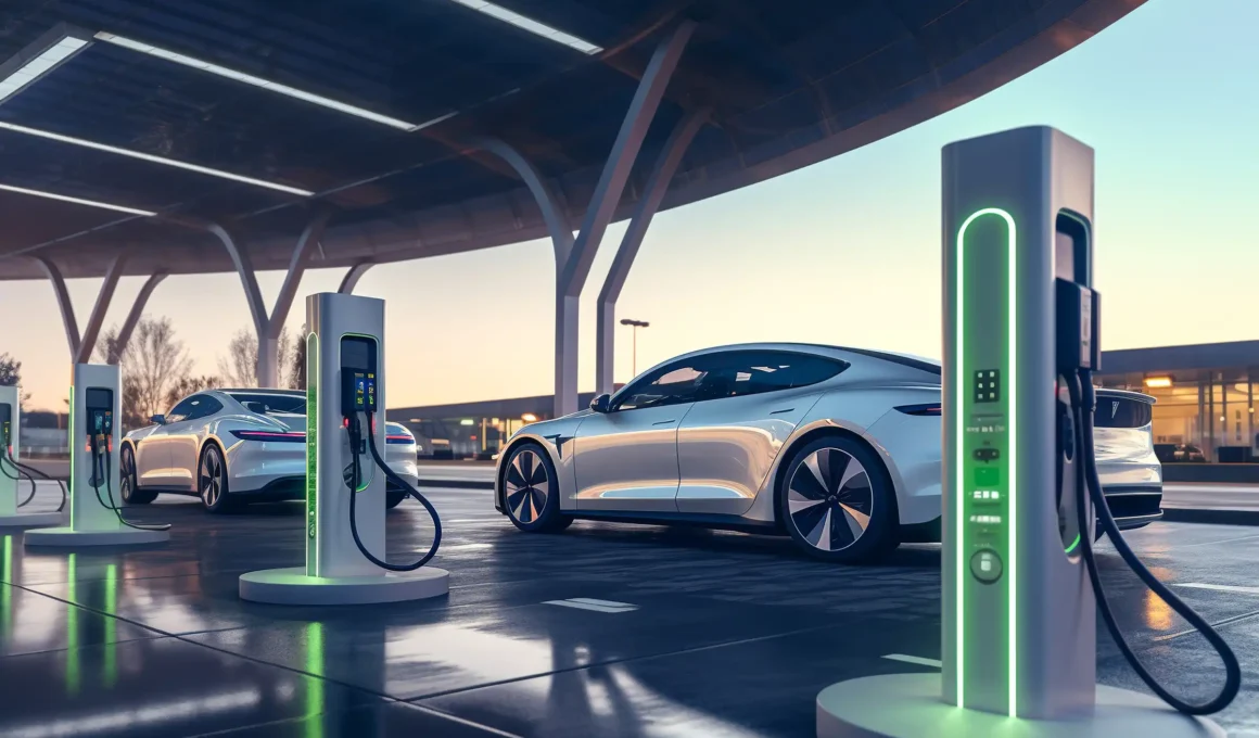 A modern electric car charging at a futuristic standalone EV charging station in a European urban environment, representing the EU 2035 mobility transition.