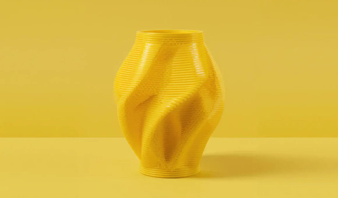 Yellow 3D printed geometric vase, master model for concrete fiberglass mold production.