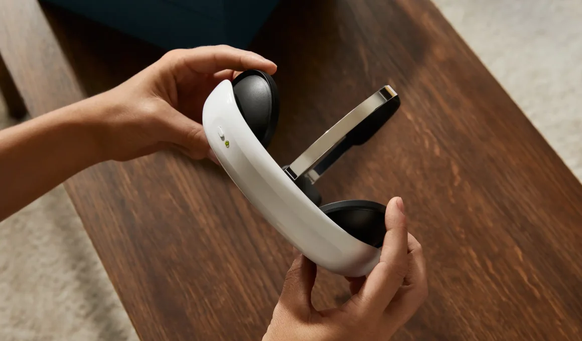 Flow Neuroscience minimalist white tDCS headset for at-home depression treatment, representing 2026 electric medicine trends.