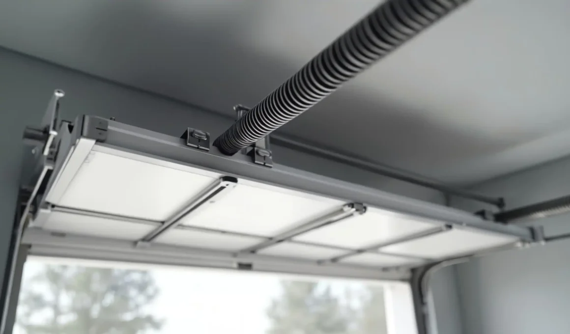 Close-up of modern insulated garage door mechanism and spring system for smooth operation.