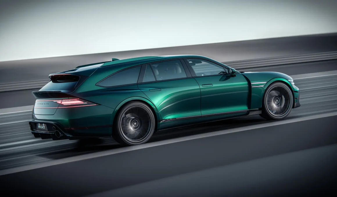 GENESIS G90 WINGBACK CONCEPT Magma luxury grand tourer wagon side profile in deep green next to a private jet, showcasing its sleek form and large 22-inch wheels.