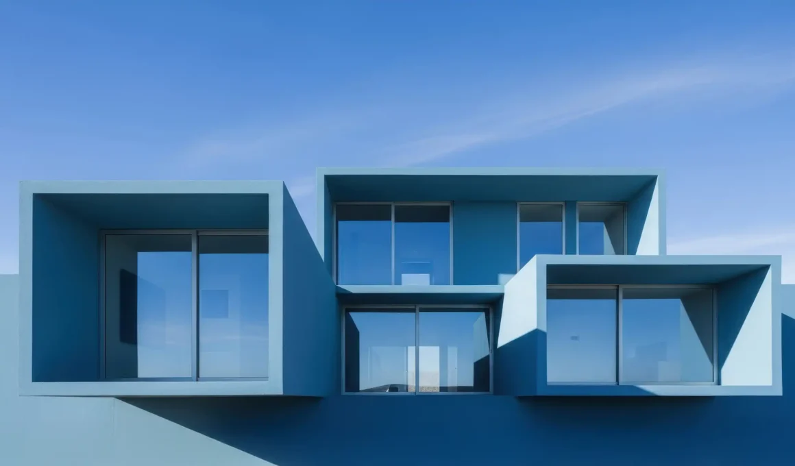 Modern blue monolithic residential building with protruding rectangular window modules and large glass sliders under a clear sky.