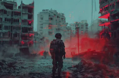 3D render of a soldier in a hyper-realistic, war-torn urban environment, showcasing complex lighting and environmental design for AAA games.