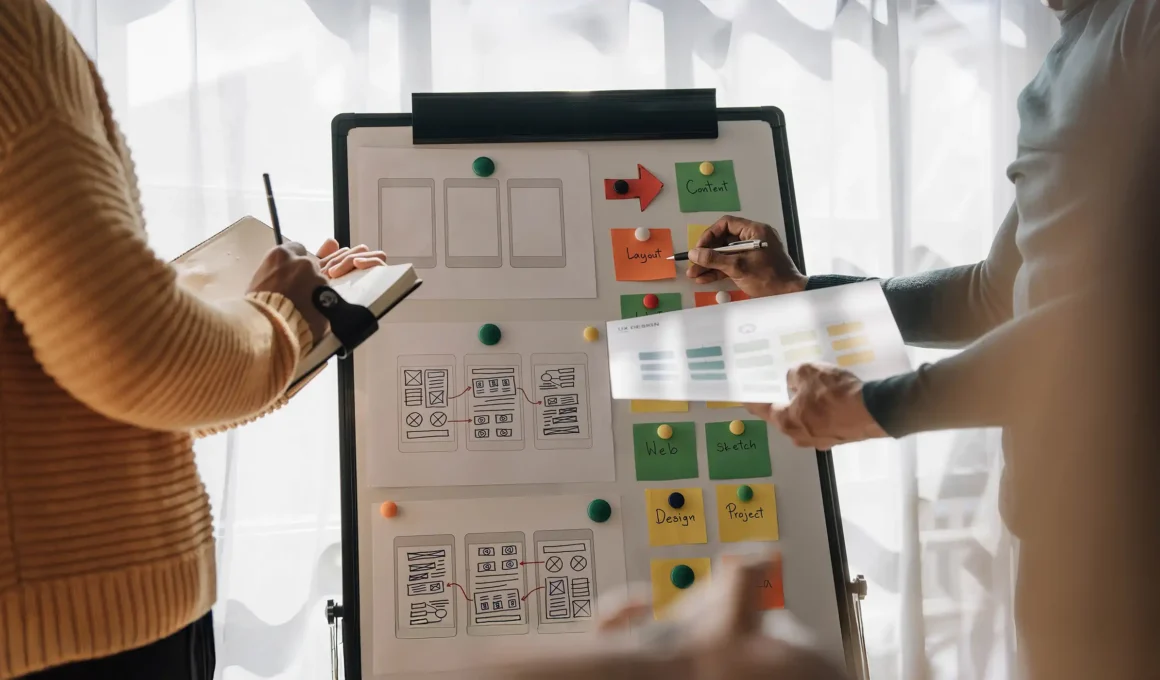 UX designers brainstorming mobile app wireframe for scalable e-commerce brand identity.