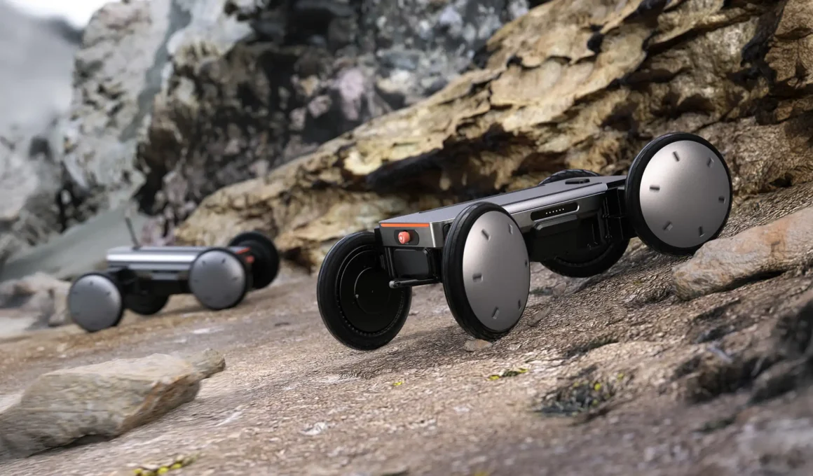 Hyundai MobED Mobile Eccentric Droid robot platform autonomously carrying a golf bag on a sunny, green golf course.