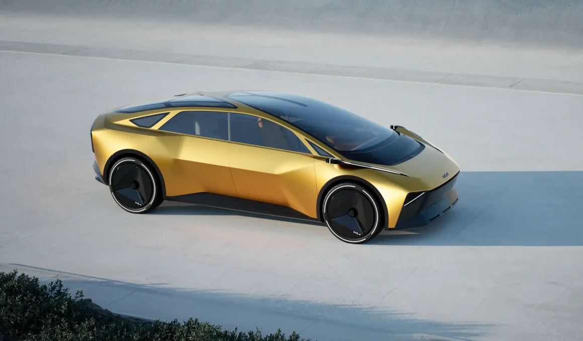 Kia Vision Meta Turismo concept car side view profile golden futuristic electric vehicle design.