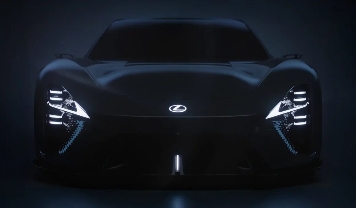 Lexus LFA Concept BEV sports car front view showcasing aggressive electric vehicle design and focus on extreme aerodynamic performance.