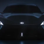 Lexus LFA Concept BEV sports car front view showcasing aggressive electric vehicle design and focus on extreme aerodynamic performance.