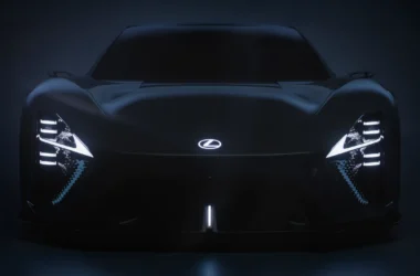 Lexus LFA Concept BEV sports car front view showcasing aggressive electric vehicle design and focus on extreme aerodynamic performance.