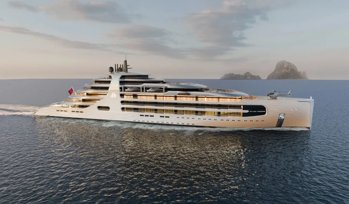 Maybach Ocean Club luxury superyacht aft deck view showing the glass pool, tiered teak terraces, and the Beyond Horizons beach club design.