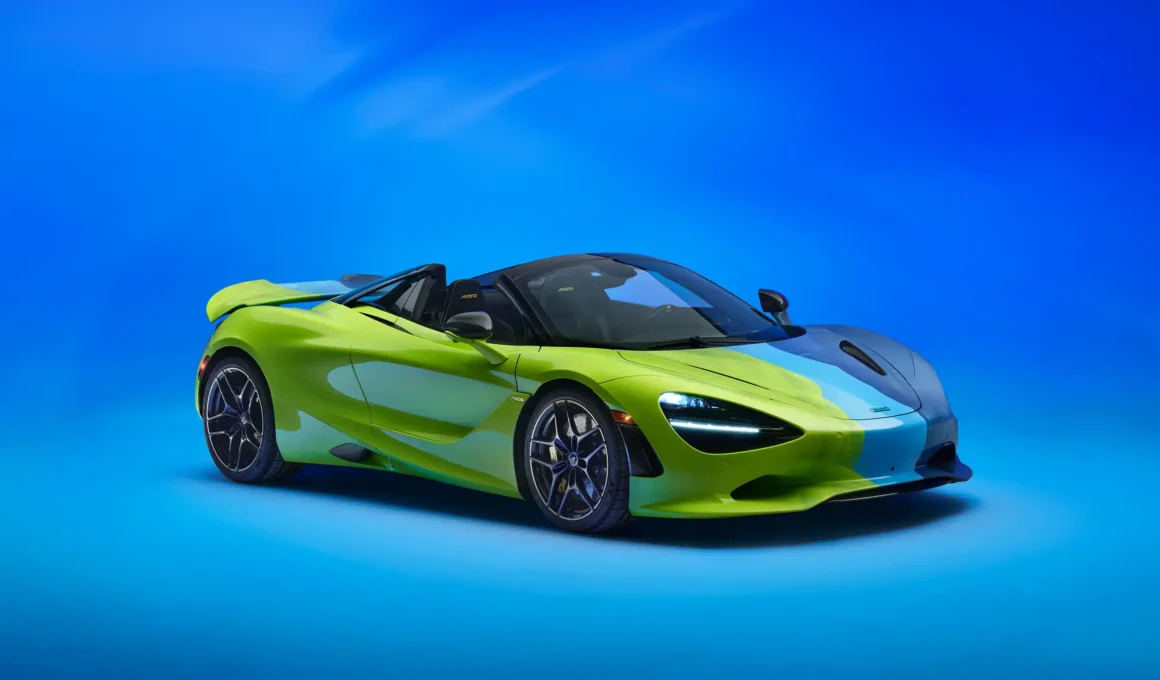 Side profile of the McLaren 750S Spider from Project Chromology by MSO featuring a vibrant lime green and blue layered resin-inspired paint finish against a blue background.