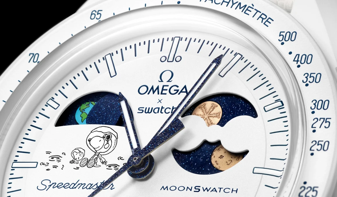 OMEGA X Swatch Bioceramic MoonSwatch MISSION TO EARTHPHASE Cold Moon watch with unique snowflake and Snoopy.