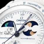 OMEGA X Swatch Bioceramic MoonSwatch MISSION TO EARTHPHASE Cold Moon watch with unique snowflake and Snoopy.