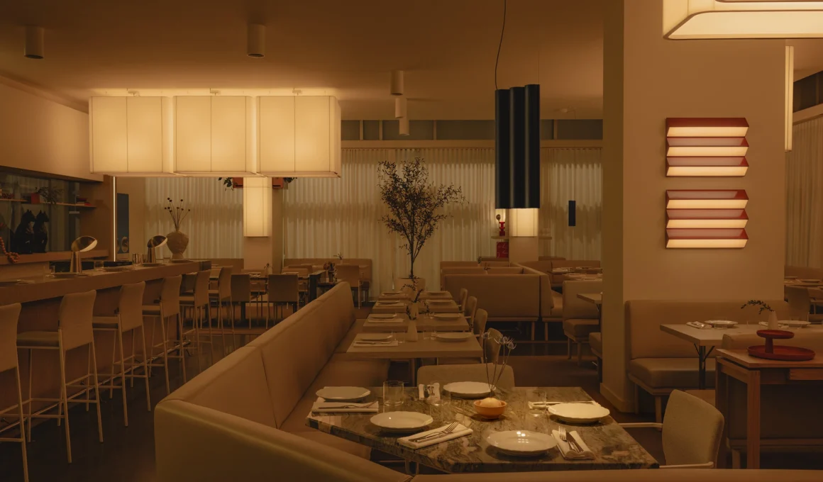 Olia restaurant Edmonton interior design by Ste Marie Studio showing the dining room with linen lamps and classic architecture.