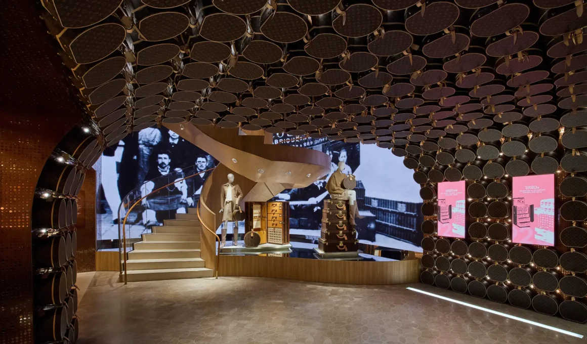 OMA-designed Louis Vuitton Visionary Journeys Seoul exhibition in Shinsegae Main, featuring the Monogram Trunkscape.