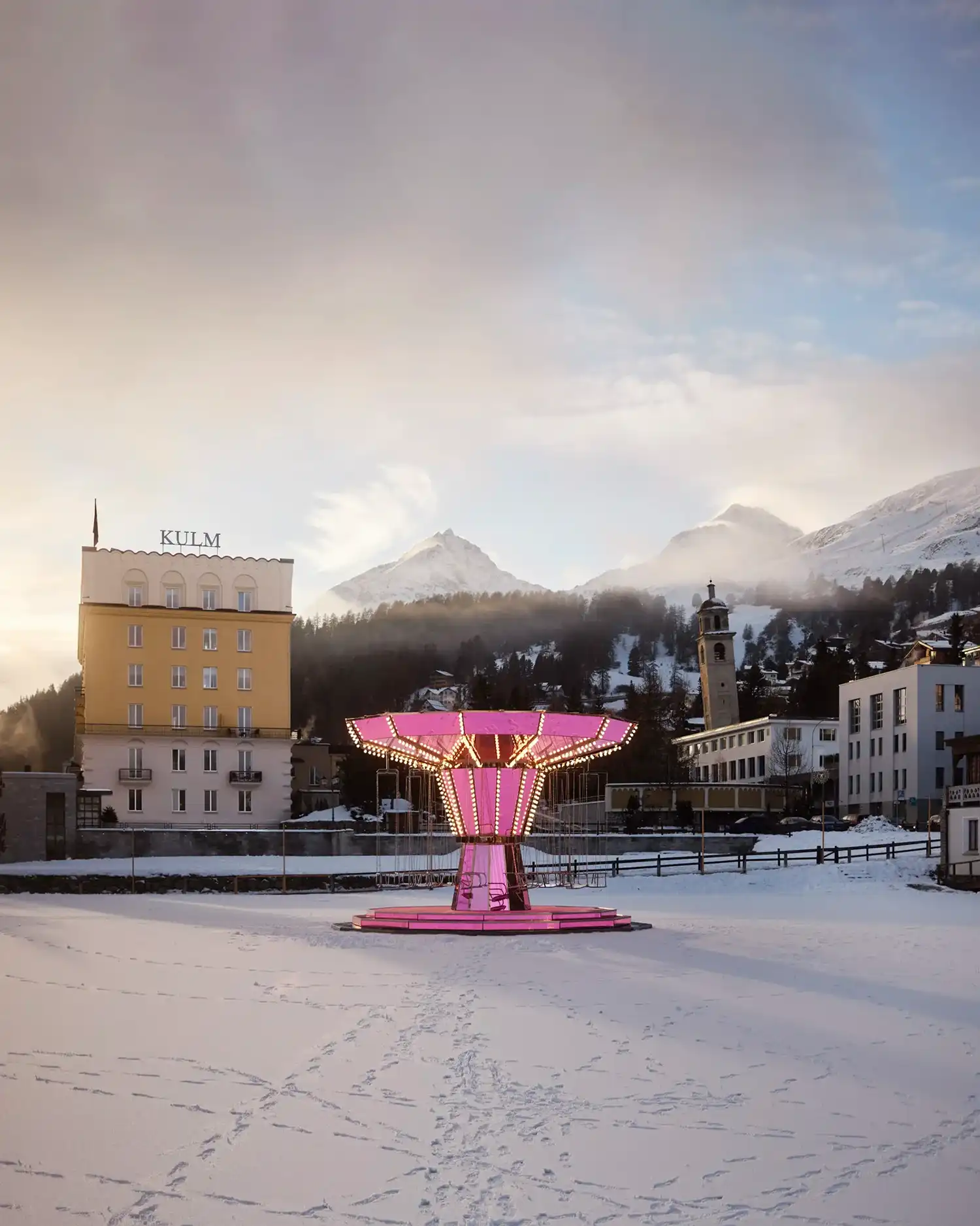 Pink Mirrored Carousel by Carsten Höller Brings “Slow Time” to the Swiss Alps