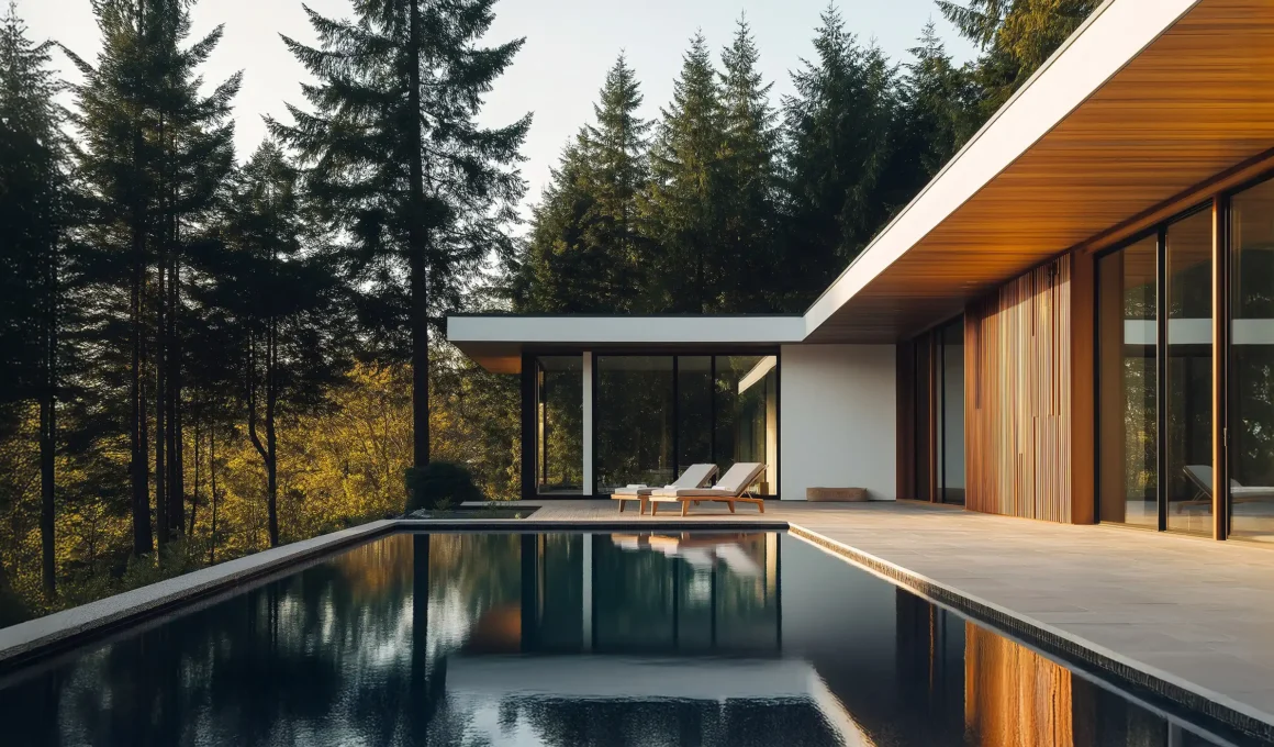 Luxury modern home with dark pool finish, reflecting minimalist architecture and surrounding forest landscape, emphasizing passive solar heating design.