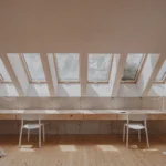 Sustainable hempcrete house kids room with skylights, custom pine desk, natural light, Szentendre Projectroom.