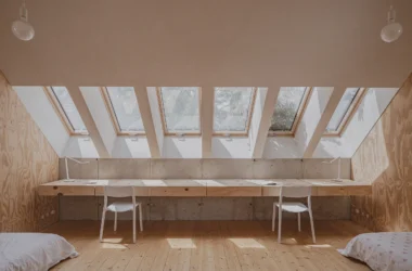 Sustainable hempcrete house kids room with skylights, custom pine desk, natural light, Szentendre Projectroom.