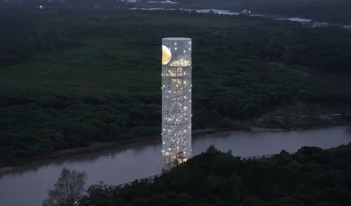SCUT Lunar Tower observation deck at night; perforated white cylinder landmark illuminated in Chinese mangrove forest wetland.