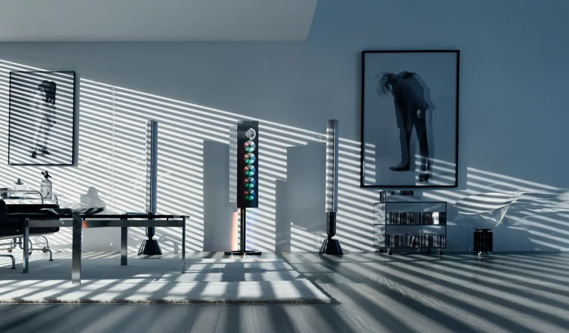 Luxury minimalist music room design featuring Bang & Olufsen BeoLab 8000 speakers, BeoSound 9000 CD player, and dynamic striped daylight, illustrating smart home integration and aesthetic acoustic design.