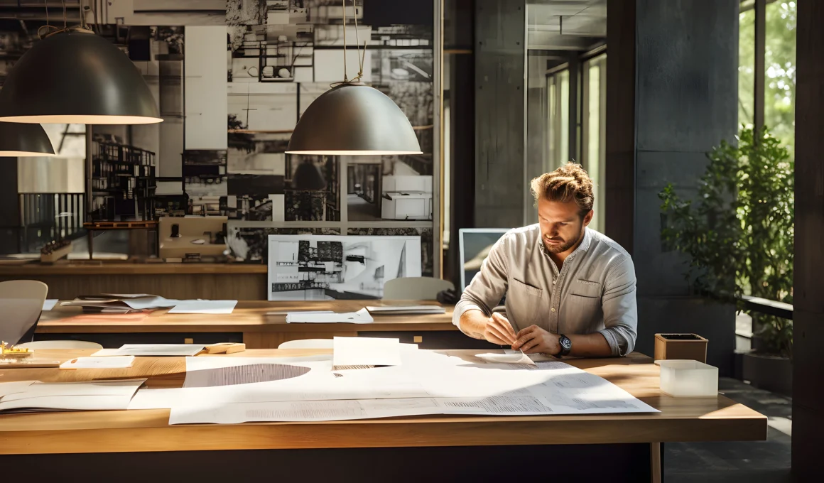 Male architect using unified communications for remote collaboration in modern coworking space; showing video conferencing and digital file sharing.