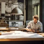 Male architect using unified communications for remote collaboration in modern coworking space; showing video conferencing and digital file sharing.