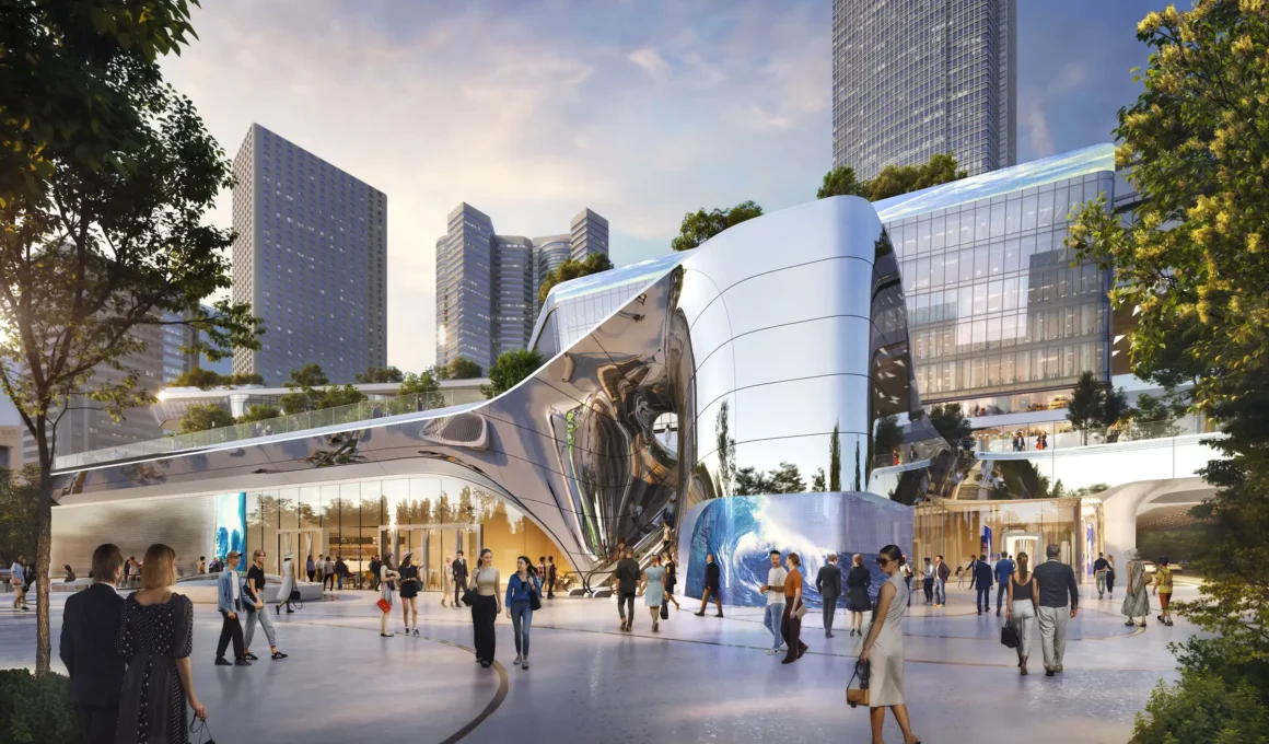 A vibrant street-level architectural rendering of Central Yards in Hong Kong featuring a large, fluid, reflective silver building with "Urban Windows" and a curved glass facade, surrounded by people in a modern public plaza with high-rise skyscrapers in the background.