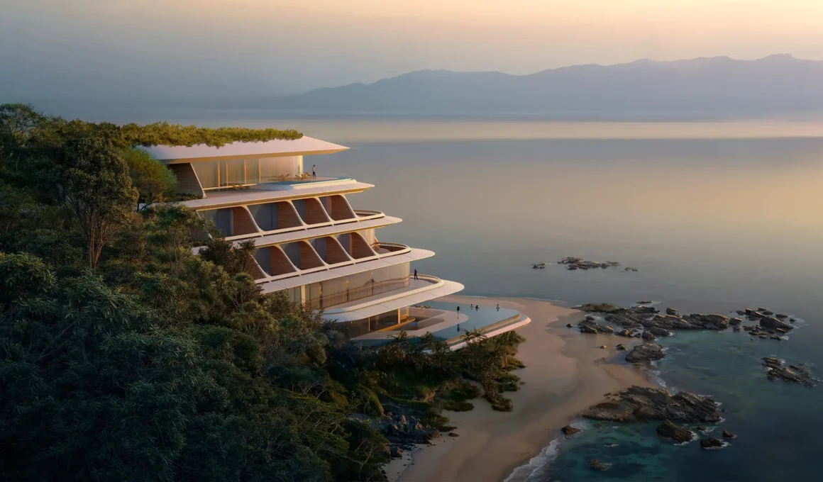 Architectural rendering of the vertex hotel in Okinawa by Zaha Hadid Architects, featuring stepped horizontal terraces and infinity pools overlooking the bay at sunset.