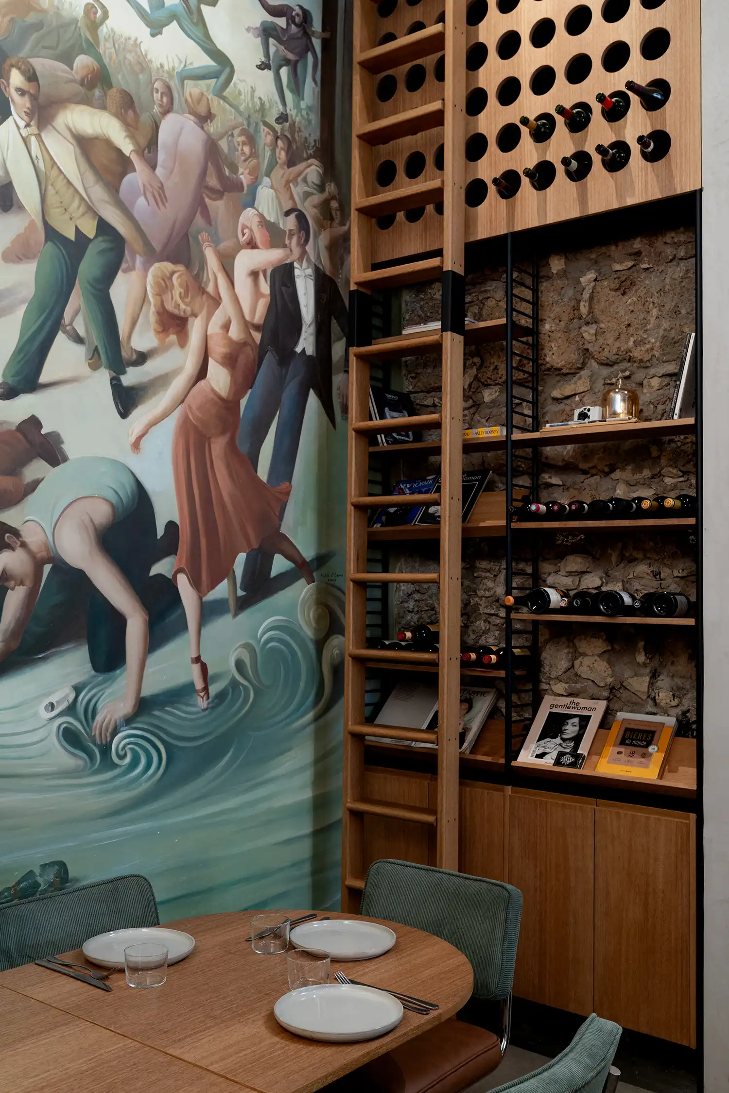 Traditional mural and library wine rack