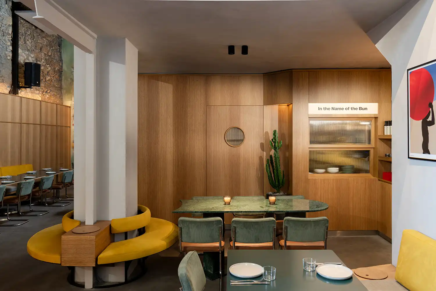 Wes Anderson style seating and woodwork