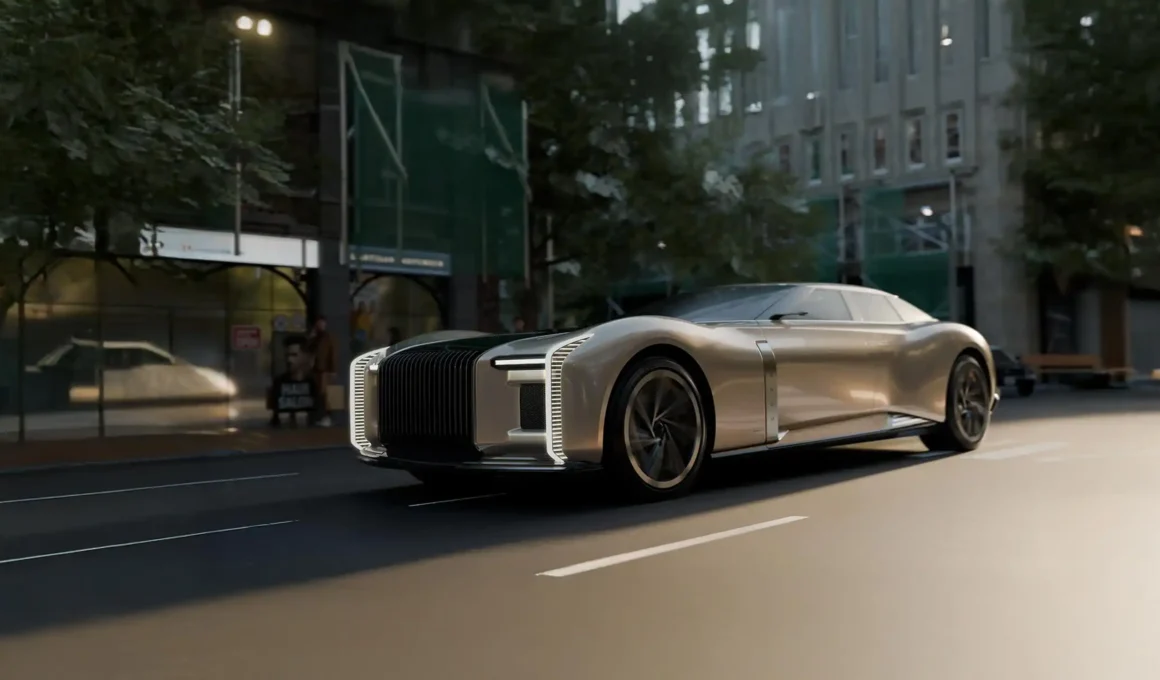 Bronze Aznom L’Epoque luxury sedan driving on a city street.