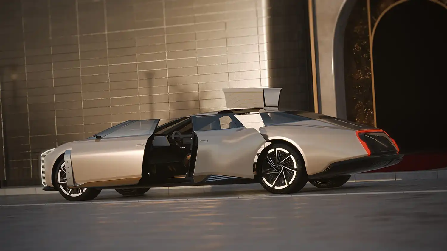 Side profile of the Aznom L’Epoque with all doors and roof sections open.